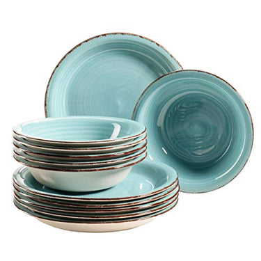 MÄSER Bel Tempo II Teller-Set für 6 Personen im modernen Vintage Look, 12-teiliges Tafelservice, handbemalt, Türkis, Steingut, 27 centimeters im Sale